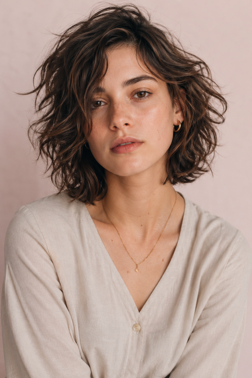 Short shag hairstyle with textured layers and modern volume for women