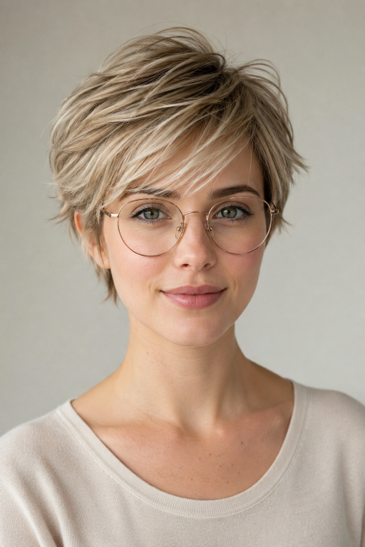 Short pixie haircut for women with glasses showing flattering modern styles for different face shapes