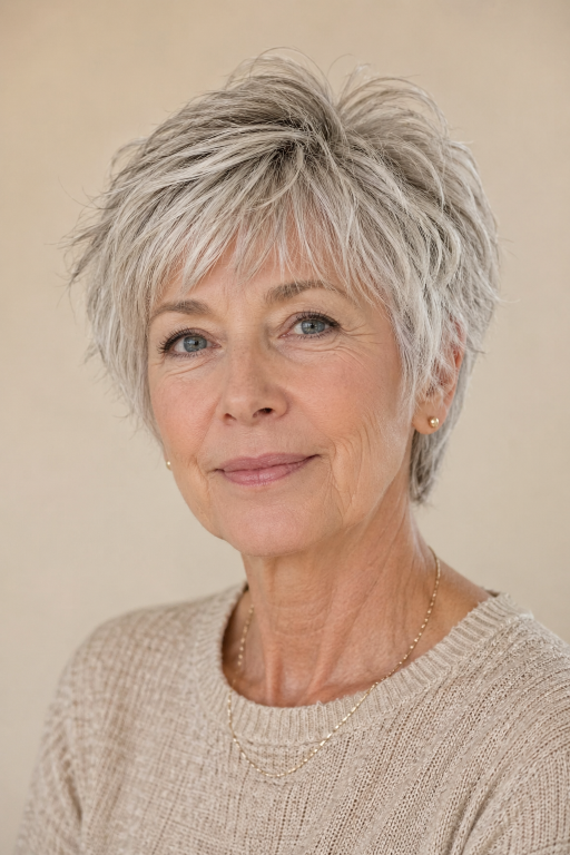 Short haircuts for women over 70 featuring layered pixie, soft bob, and easy low-maintenance styles for thinning hair