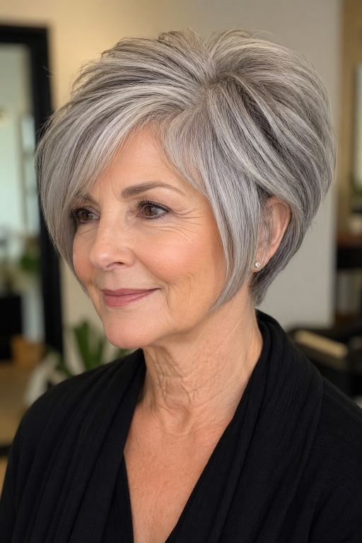 Elegant older woman (age 60+) with natural wrinkles and soft features showcasing a chic pixie bob haircut,