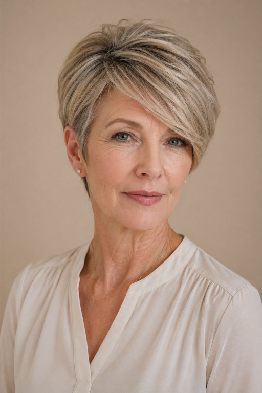Hairstyles for women over 50 with thin fine hair showing layered bobs and pixie cuts that add volume and fullness