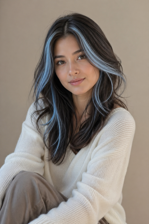 Blue balayage for brunettes featuring soft blended navy, teal, and pastel tones on long layered hair with natural dark roots and glossy finish