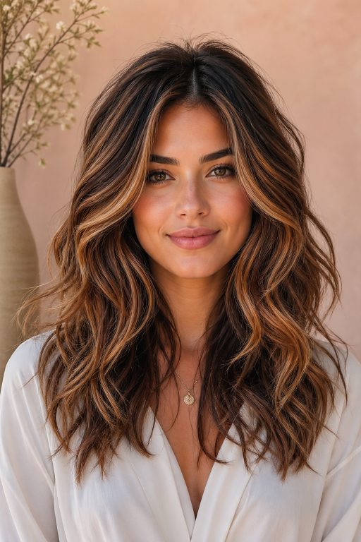 Caramel copper balayage on brunette hair with warm dimensional highlights and soft blended tones creating a natural sun-kissed look