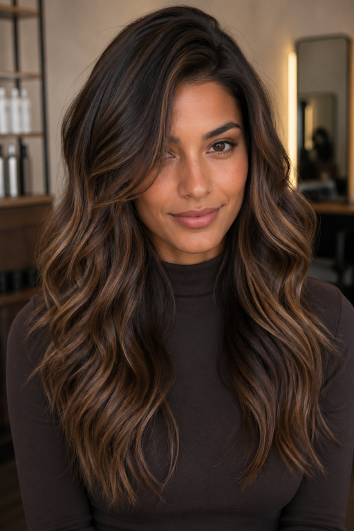 Tone-on-tone balayage brunettes showcasing soft, natural dimension with subtle highlights for a low-maintenance, polished look