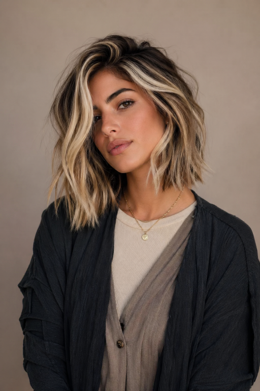 Brown and blonde balayage on short hair showcasing soft blended highlights, dimensional tones, and modern low-maintenance color for a natural, sun-kissed look