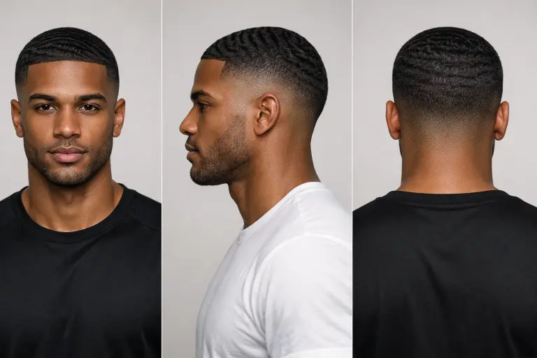 bald taper fade with short waves showing defined wave pattern and sharp lineup