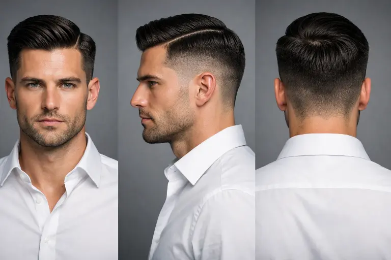 Hard part taper comb over fade style with a shaved part line, smooth straight hair, and sharply defined side styling