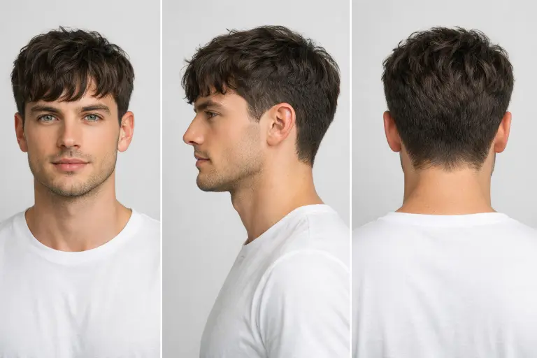 ALT 7: Short fringe low taper fade wavy hairstyle for men with soft forward waves and neat sides