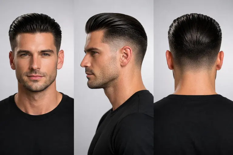 skin taper fade slick back hairstyle with shaved neckline and tight fade blending into slicked back hair