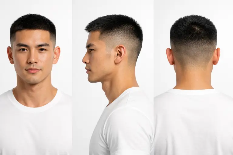 Taper fade with messy fringe on medium-density Asian hair, soft tapered sides with loose textured front creating a relaxed casual style