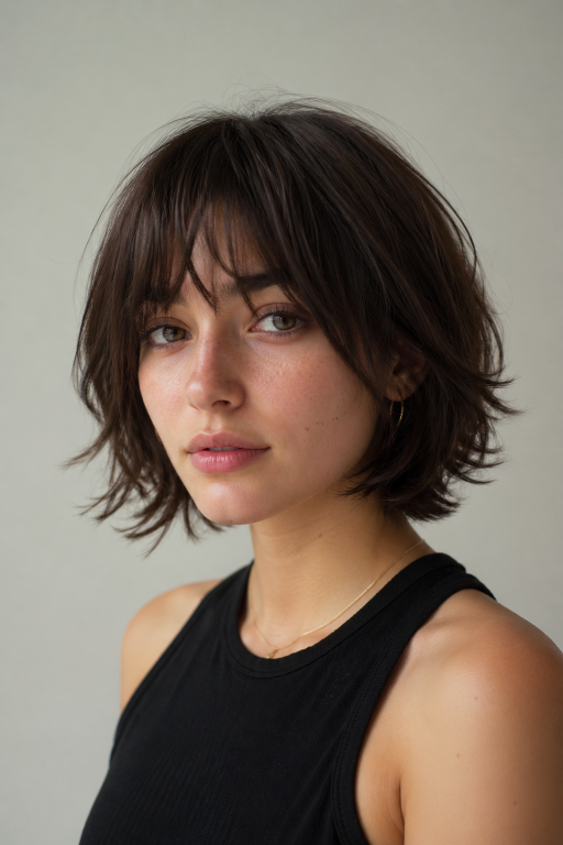 Short shaggy bob haircut with textured layers and effortless volume for modern women
