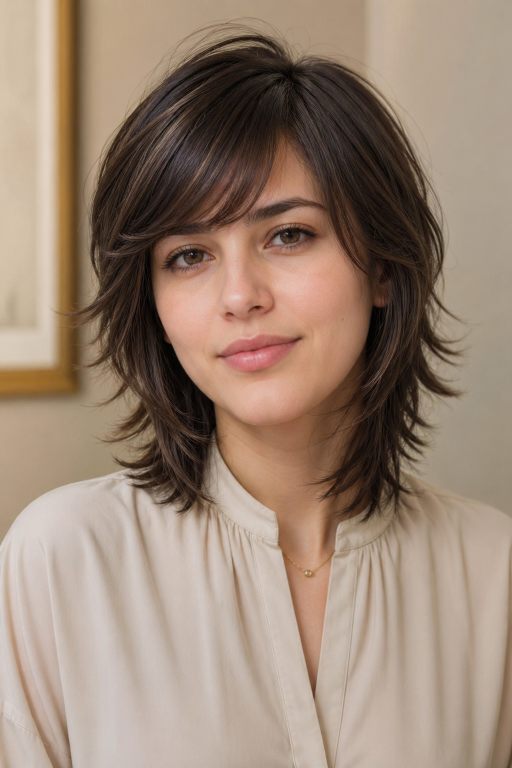 Short shag hairstyle with textured layers and modern volume for women