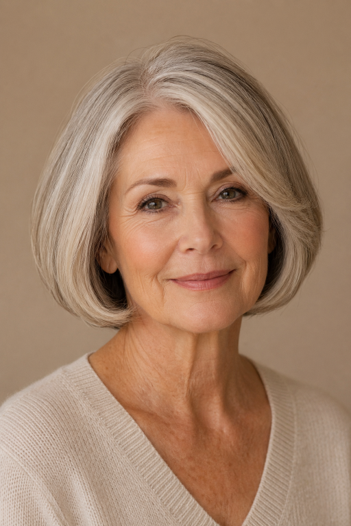 Elegant older woman (age 60+) with natural wrinkles and soft features showcasing a chic pixie bob haircut,