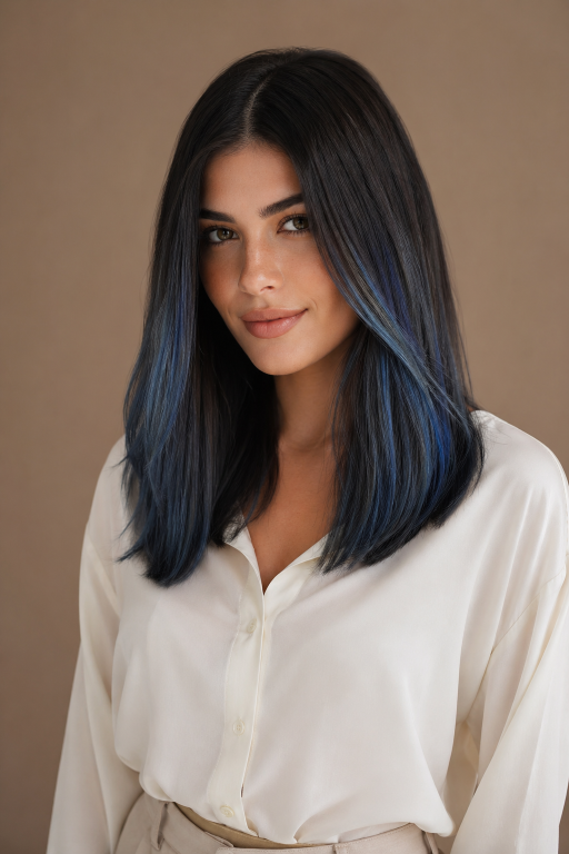 Blue balayage for brunettes featuring soft blended navy, teal, and pastel tones on long layered hair with natural dark roots and glossy finish
