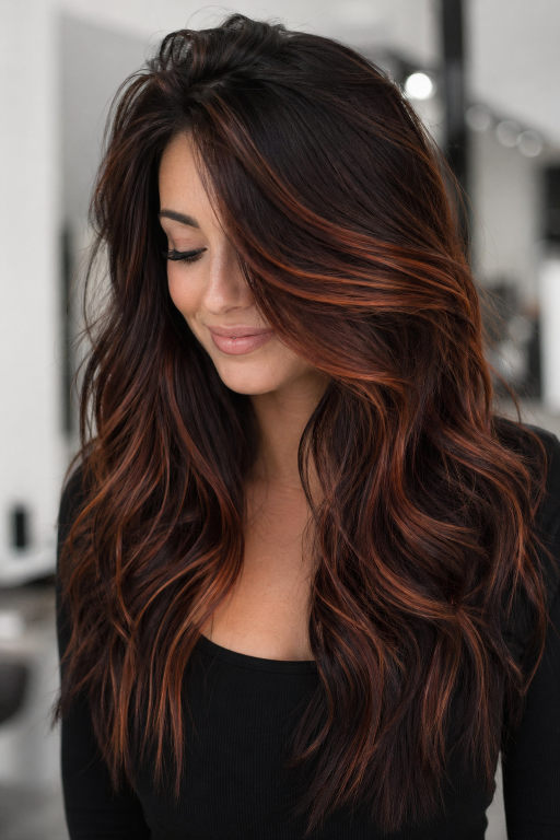 Caramel copper balayage on brunette hair with warm dimensional highlights and soft blended tones creating a natural sun-kissed look