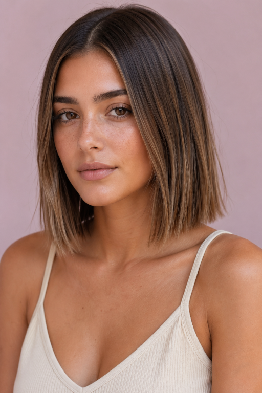 Brown and blonde balayage on short hair showcasing soft blended highlights, dimensional tones, and modern low-maintenance color for a natural, sun-kissed look