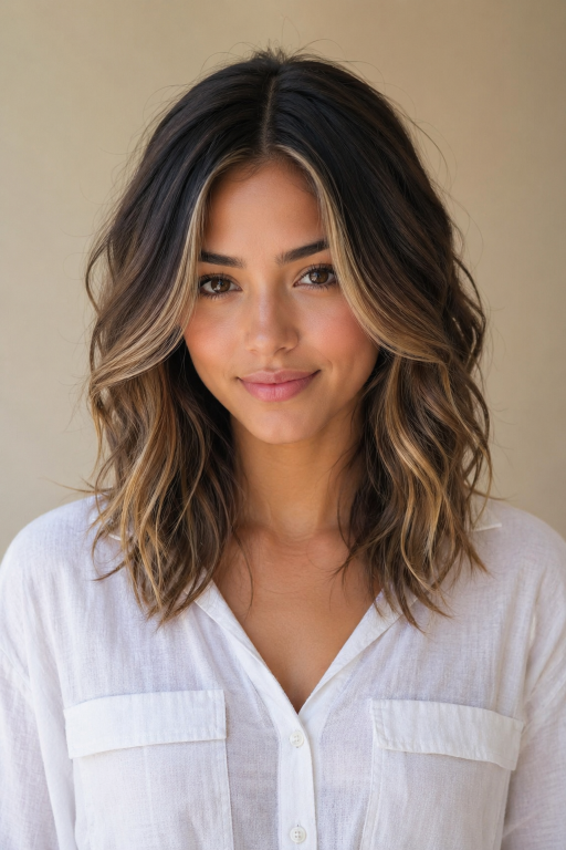 Brunette balayage with money piece highlighting face-framing strands for a bright, dimensional modern hair look