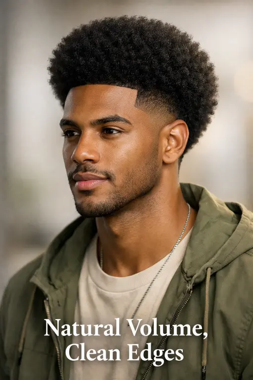 Burst taper fade haircut for men with natural afro top and clean tapered edges around the ears