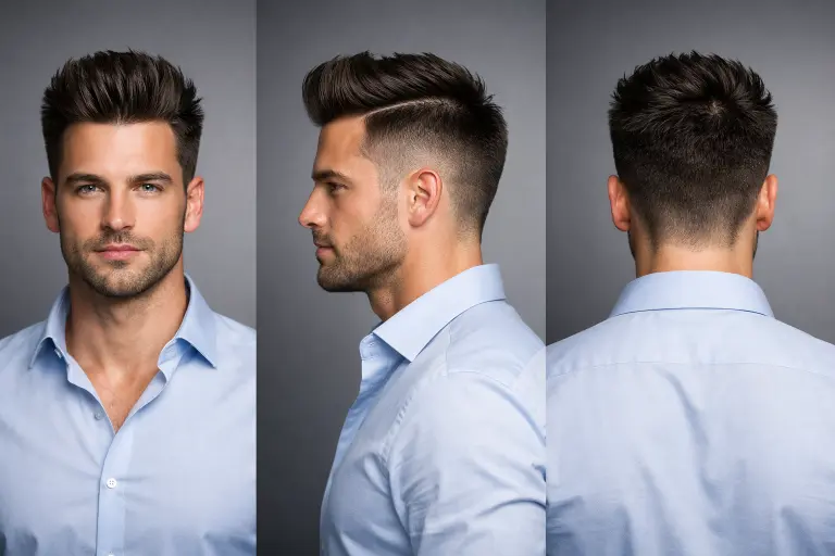 various blowout taper haircut styles for men showing different taper fades, hair lengths, and textures including curly, wavy, and straight hair with voluminous tops and clean sides