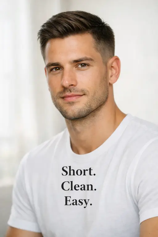 Short taper comb over fade style with fine hair, low volume top, and clean tapered sides for a simple, low-maintenance look