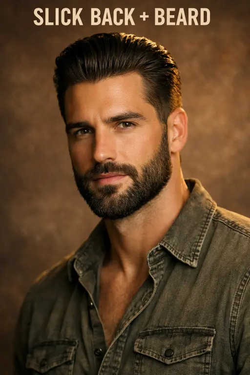 slick back taper fade with beard, showing smooth transition from faded sides into full groomed beard