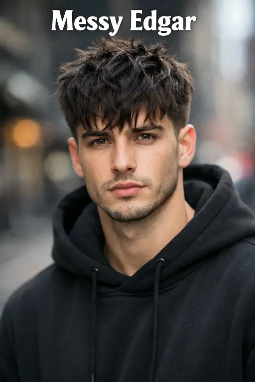 different Edgar haircuts for men showing fade variations, textured tops, and blunt fringe styles on various hair types