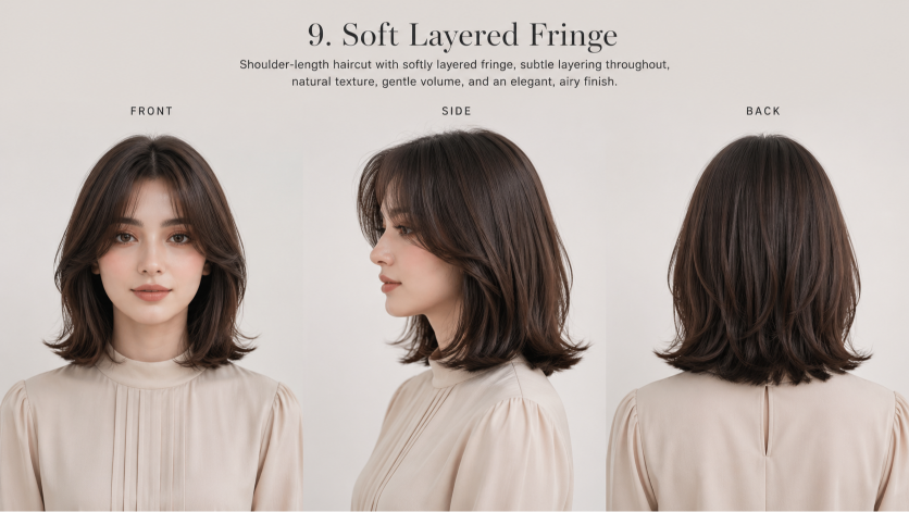 Bangs hairstyles for round faces featuring side-swept and curtain fringe that slim and frame soft facial features
