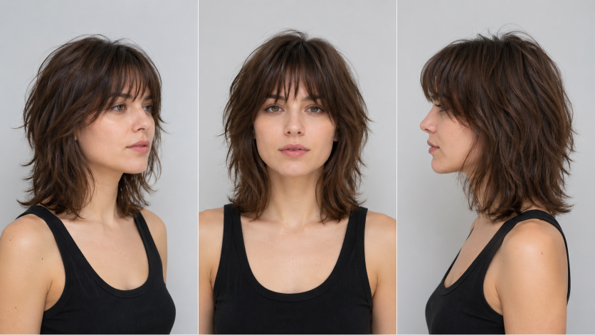 Thin fine hair makeover with soft layered bob and wispy bangs adding natural volume and face-framing shape