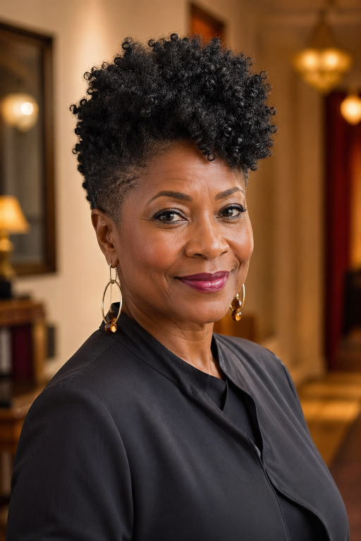 Confident older Black woman with natural gray curls in a stylish wash-and-go hairstyle, showcasing low-maintenance beauty and elegance