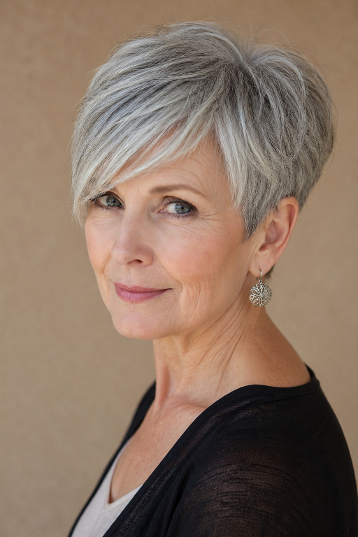 Hairstyles for women over 60 with bangs featuring layered bobs, pixie cuts, and soft fringes that flatter mature faces and fine hair