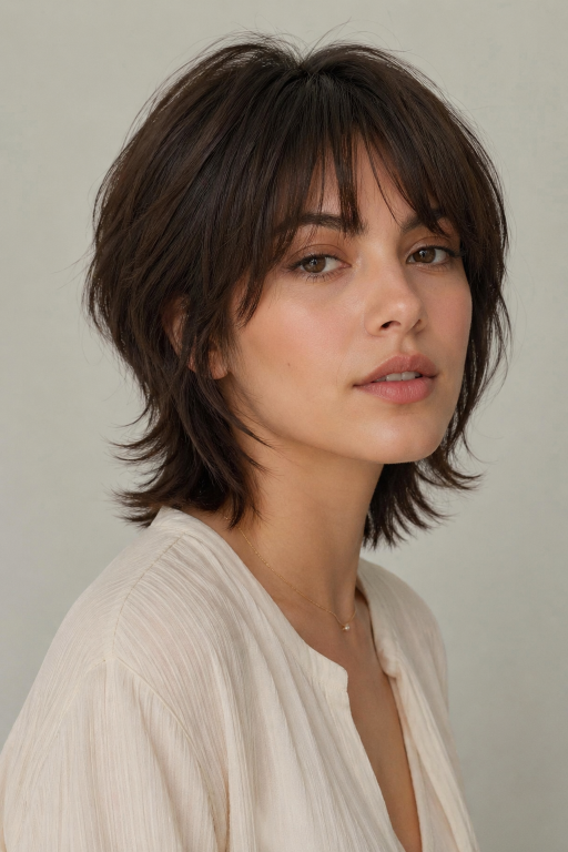 Short shag hairstyle with textured layers and modern volume for women