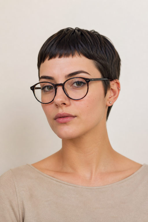 Short pixie haircut for women with glasses showing flattering modern styles for different face shapes