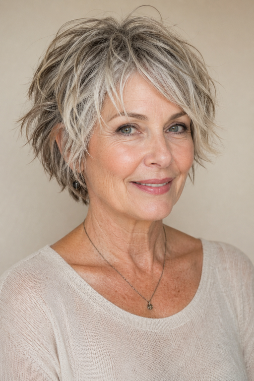 Elegant older woman (age 60+) with natural wrinkles and soft features showcasing a chic pixie bob haircut,