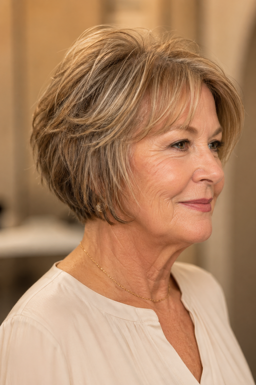 Choppy bob hairstyles for women over 60 showing layered, textured cuts that add volume and movement to aging hair