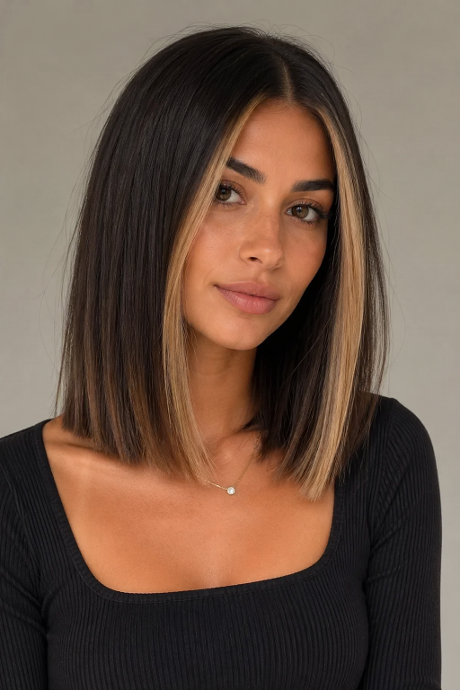 Brunette balayage with money piece highlighting face-framing strands for a bright, dimensional modern hair look