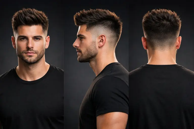 High burst taper fade haircut for men with sharp contrast between short sides and voluminous top