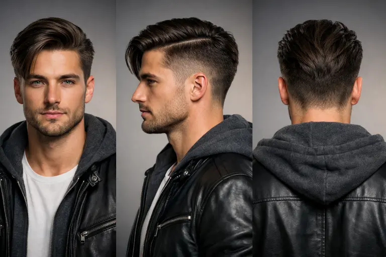 Long taper comb over fade style with thick hair, extended length on top, and side-swept volume with neatly faded sides