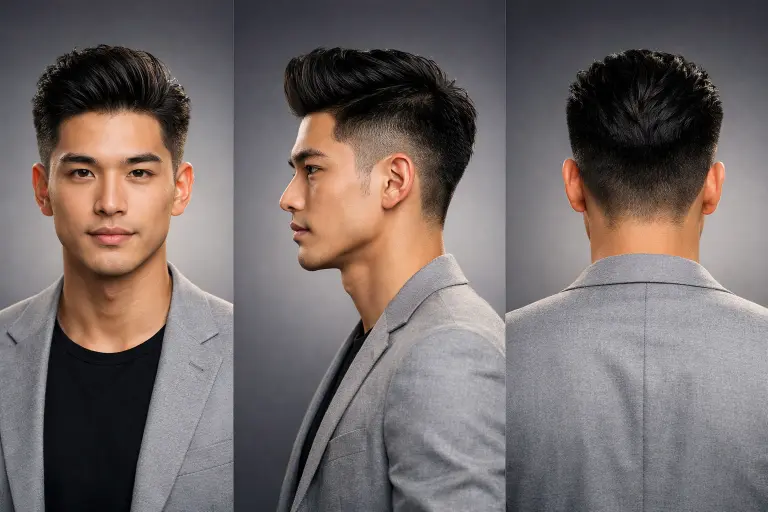 Taper fade with quiff on thick straight Asian hair, lifted front with volume and neatly blended sides creating a bold elevated style