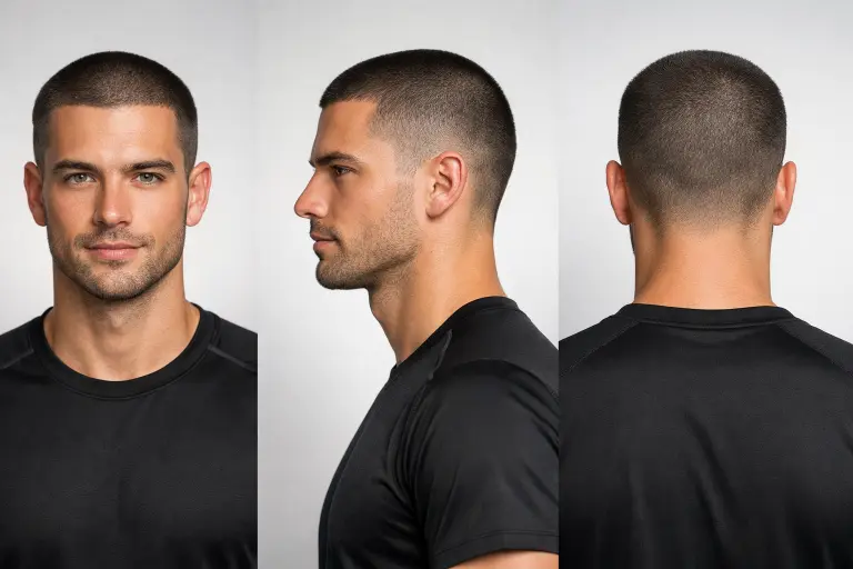 buzz cut with temple fade haircut for men showing very short uniform hair and subtle fade at the temples
