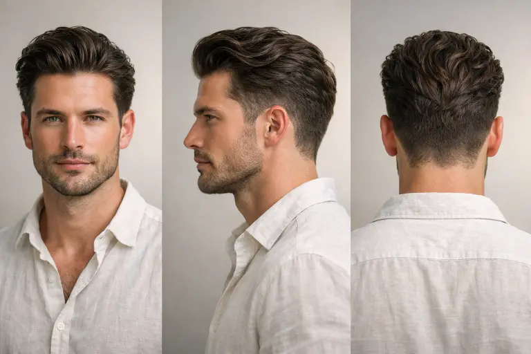 wavy slick back taper fade haircut with natural waves pushed back and neatly tapered sides