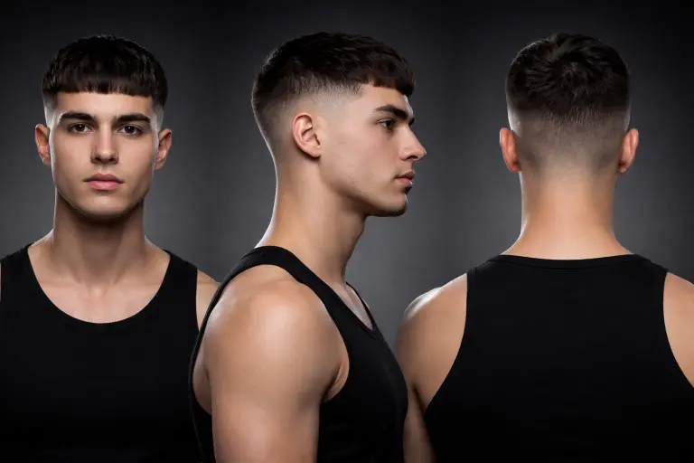 different Edgar haircuts for men showing fade variations, textured tops, and blunt fringe styles on various hair types