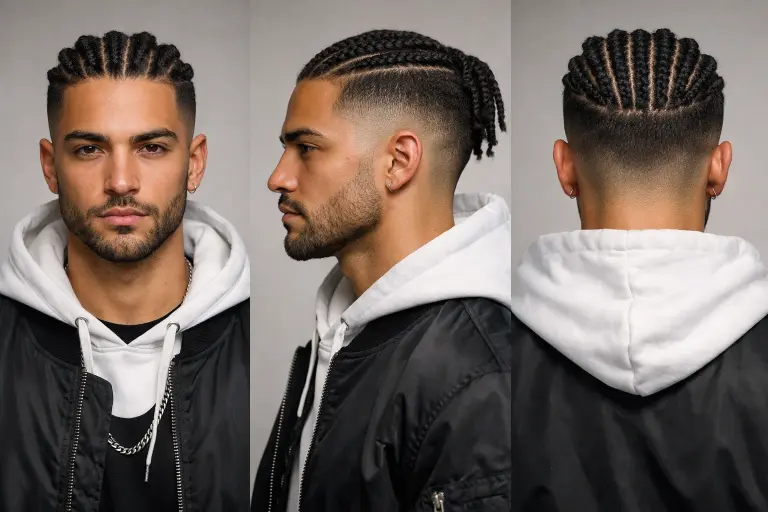 High taper fade long hairstyles for men featuring clean faded sides with long textured hair on top styled in different modern looks