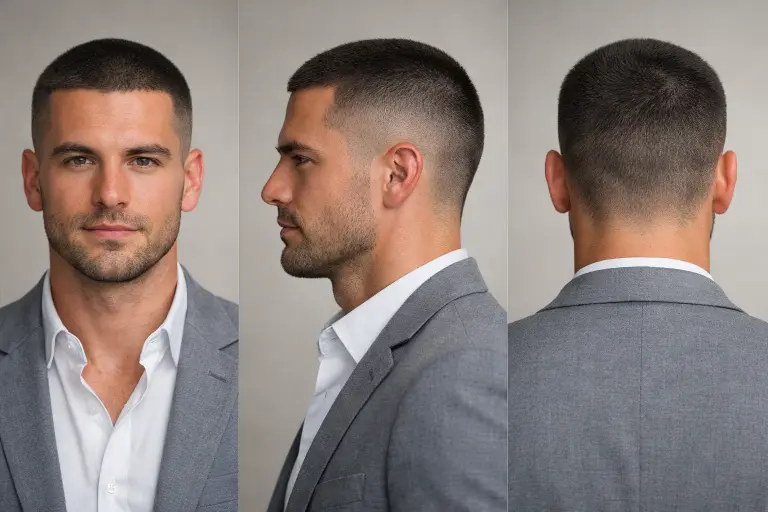 clean buzz cut fade styles for men showing low, mid, and high fades with short textured top on different hair types