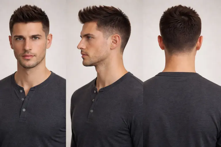 Collection of faux hawk haircuts for men showing different lengths, fades, and textures with volume styled through the center