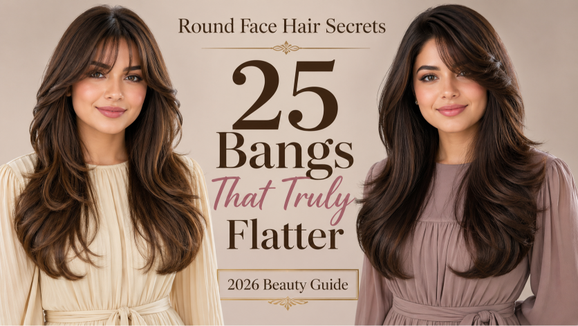 Bangs hairstyles for round faces featuring side-swept and curtain fringe that slim and frame soft facial features