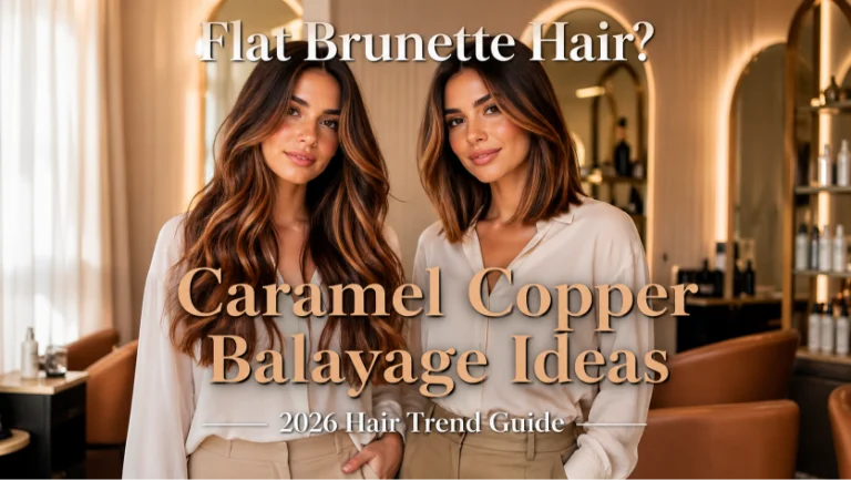 Caramel copper balayage on brunette hair with warm dimensional highlights and soft blended tones creating a natural sun-kissed look