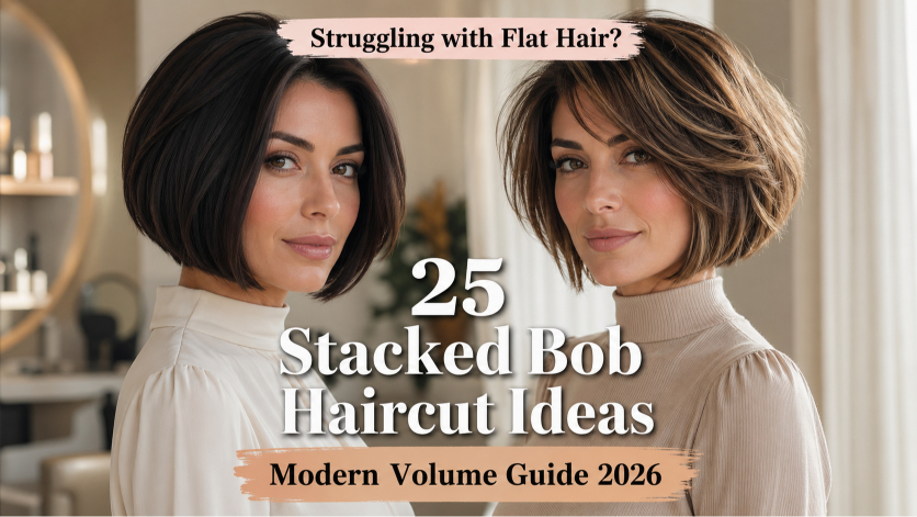 Stacked bob haircut ideas showing layered back volume, angled front, and modern styles for different face shapes and hair types