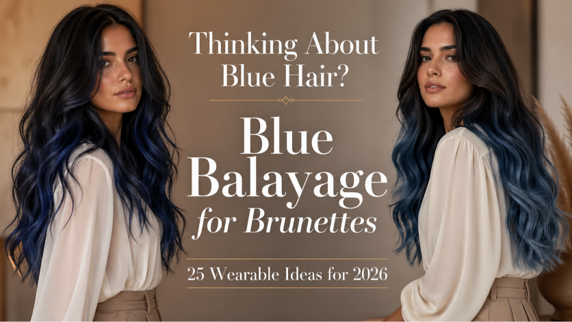 Blue balayage for brunettes featuring soft blended navy, teal, and pastel tones on long layered hair with natural dark roots and glossy finish