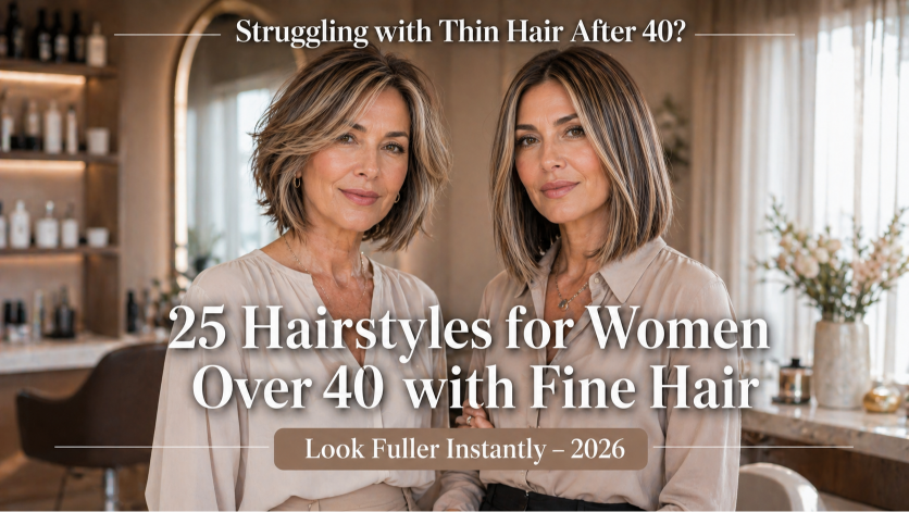 Hairstyles for women over 40 with thin fine hair showing volume-boosting cuts like layered bobs, pixies, and textured styles for fuller-looking hair