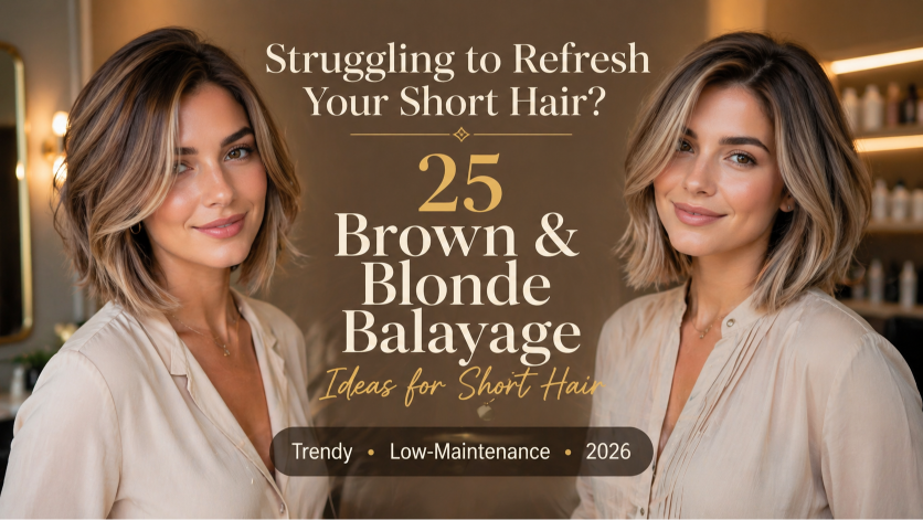 Brown and blonde balayage on short hair showcasing soft blended highlights, dimensional tones, and modern low-maintenance color for a natural, sun-kissed look